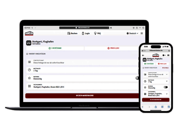 Die App der Bike and Ride Box wird auf mobilem Gerät sowie Desktop dargestellt.