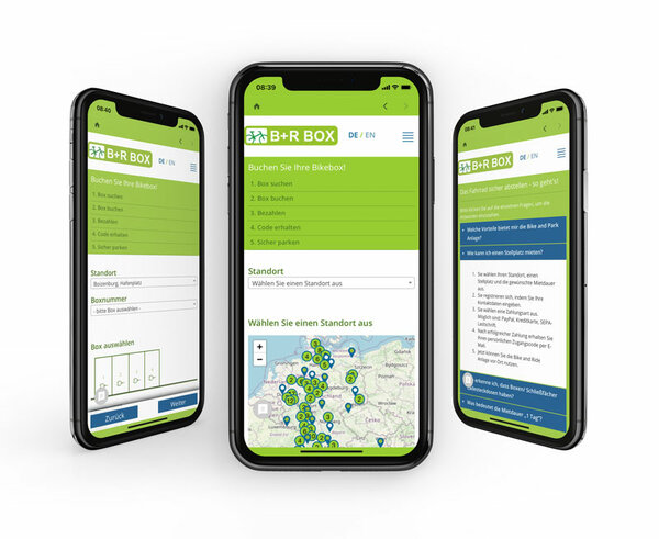Die App der Bike and Ride Box wird auf mobilen Geräten dargestellt.