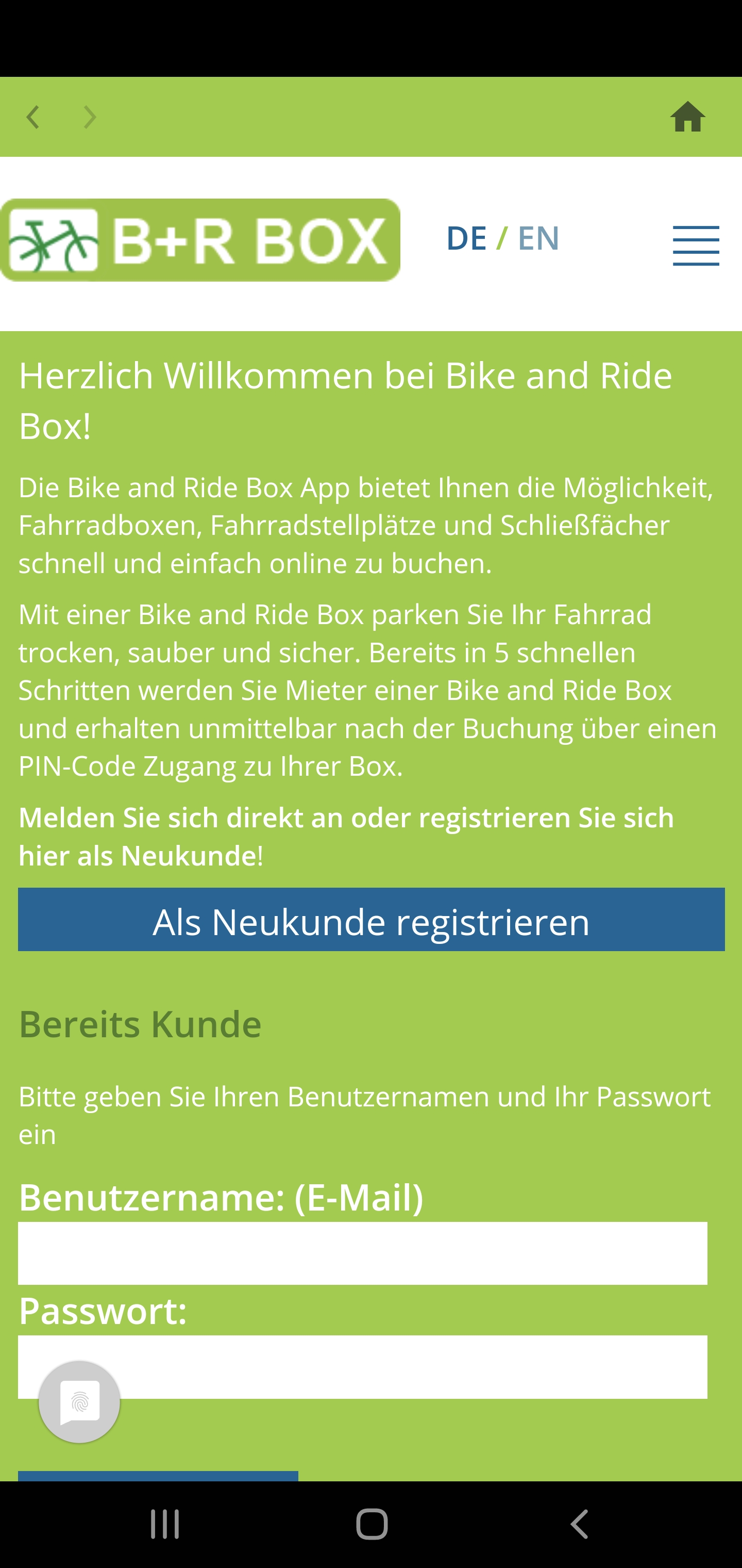 Startbildschirm der "Bike and Ride Box" App