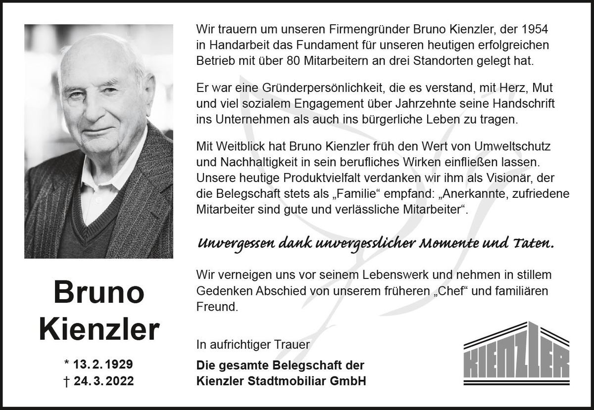 Wir trauern um unseren Firmengründer Bruno Kienzler