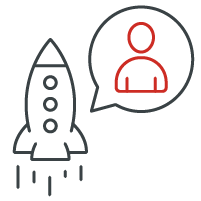 Icon mit Rakete und Person in einer Sprechblase